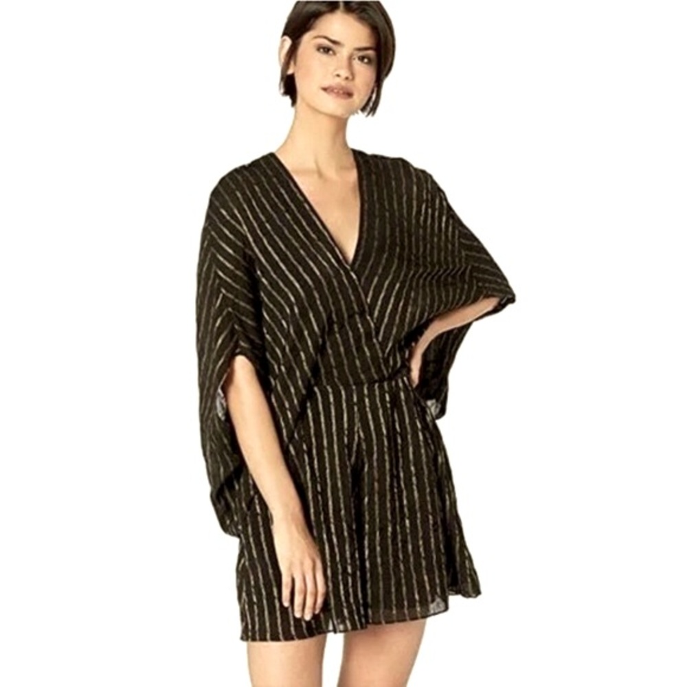 Halston Heritage Metallic Stripe V Neck Shorts Romper Playsuit 4